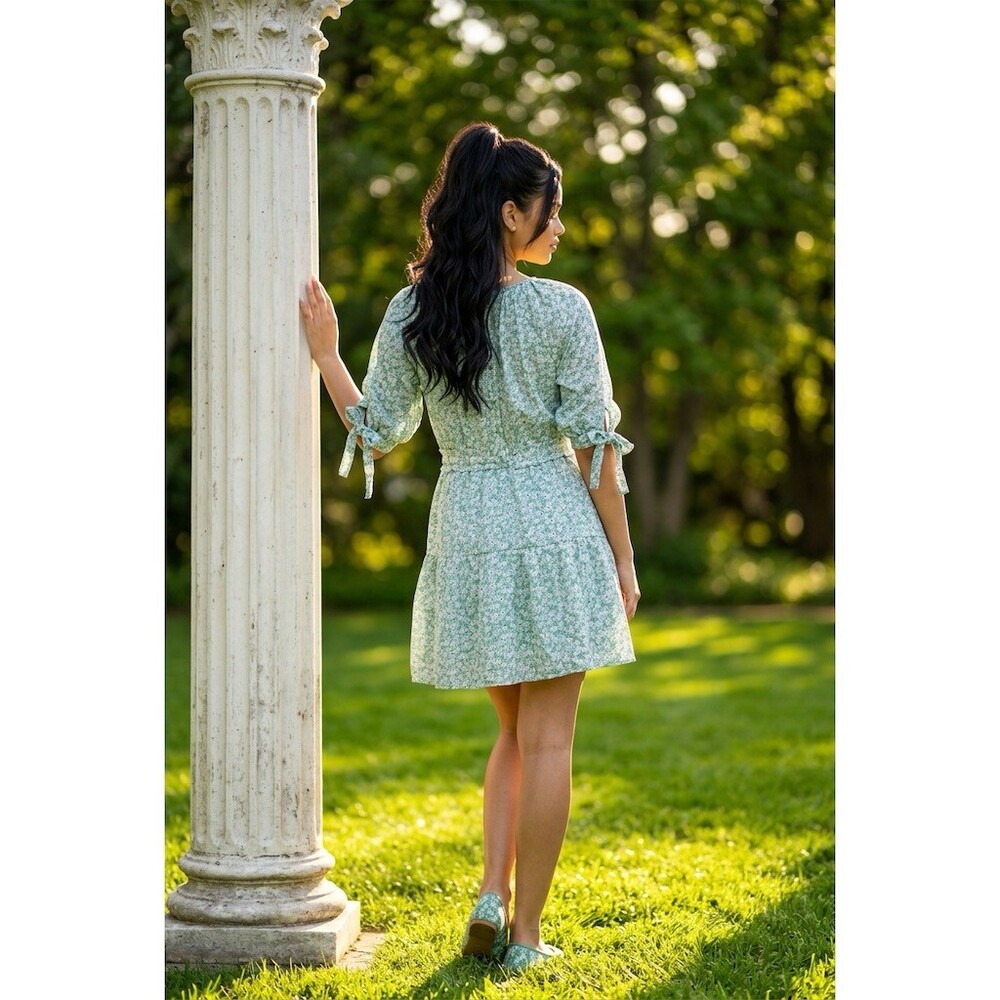 Just Me Dress Womens Size S Green & White Floral Fit & Flare Mini Lined - Picture 2 of 6